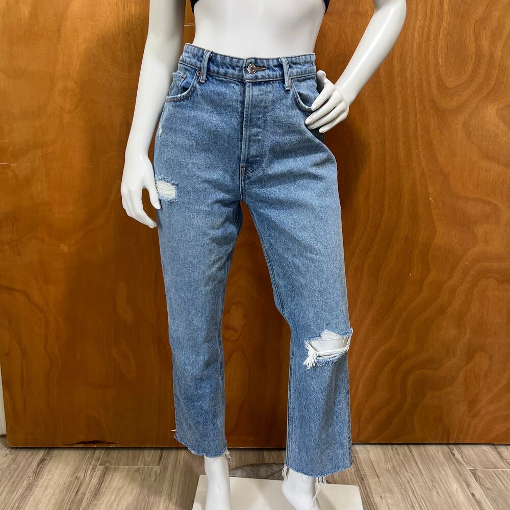 Grlfrnd Karolina High-Rise Straight Distressed Crop Blue Jeans Size 29